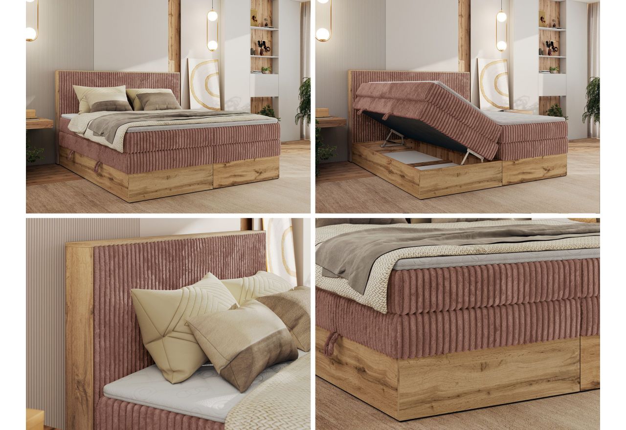 Łóżko kontynentalne WOOD CLASSIC KING 140x200 - H4 - różowy, sztruks