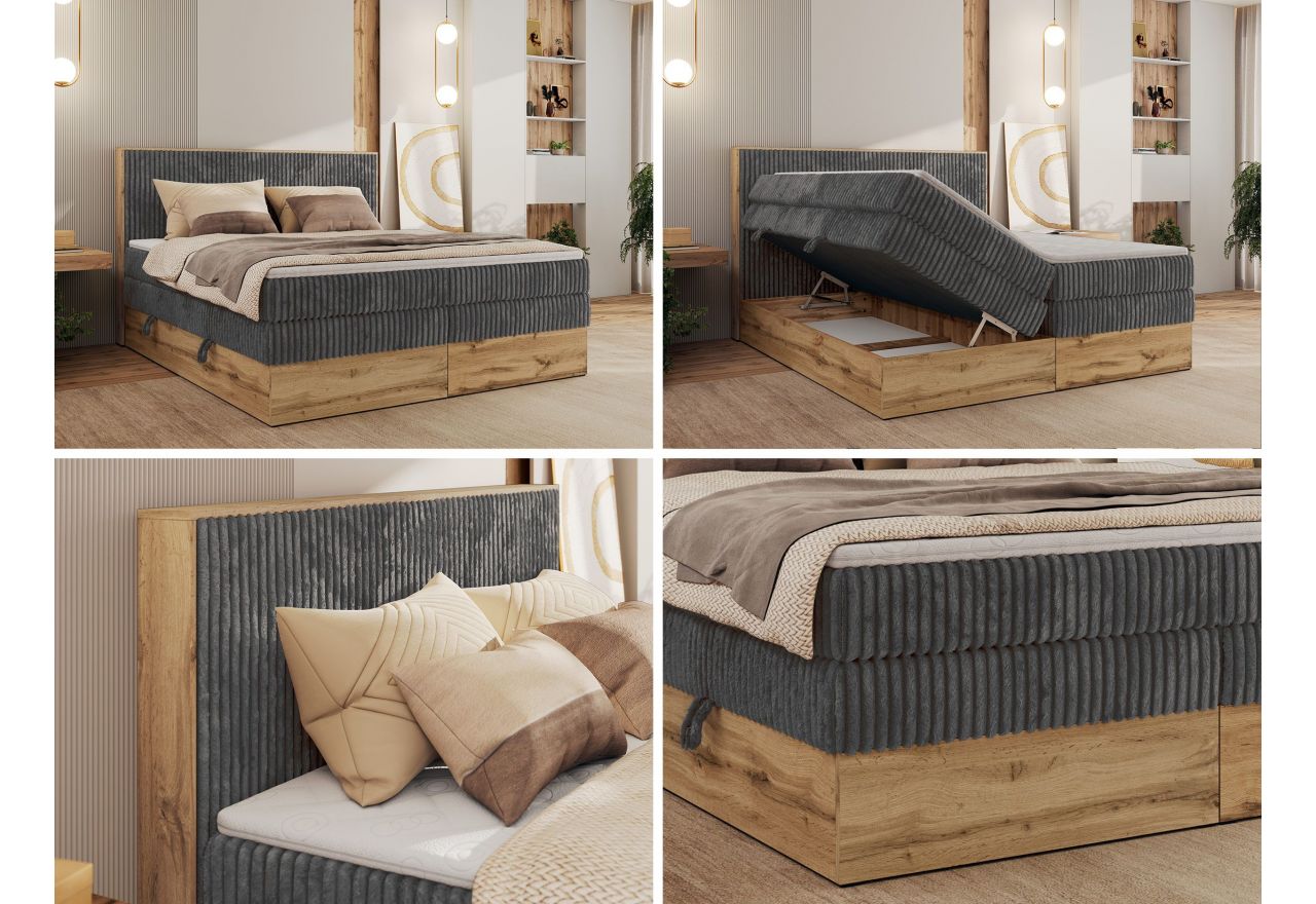 Łóżko kontynentalne WOOD CLASSIC KING 180x200 - H4 - szary, sztruks