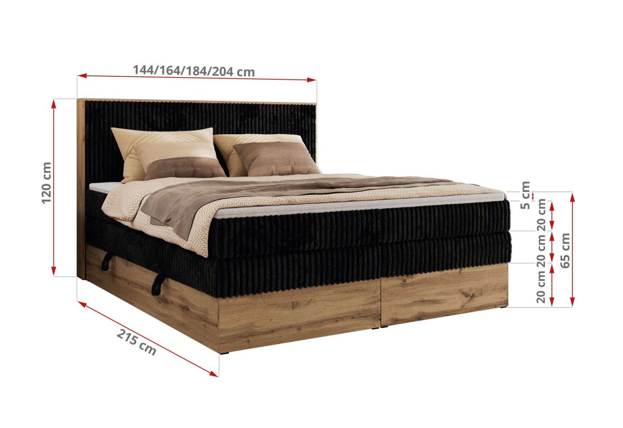 Łóżko kontynentalne WOOD CLASSIC KING 140x200 - H3 - czarny, sztruks