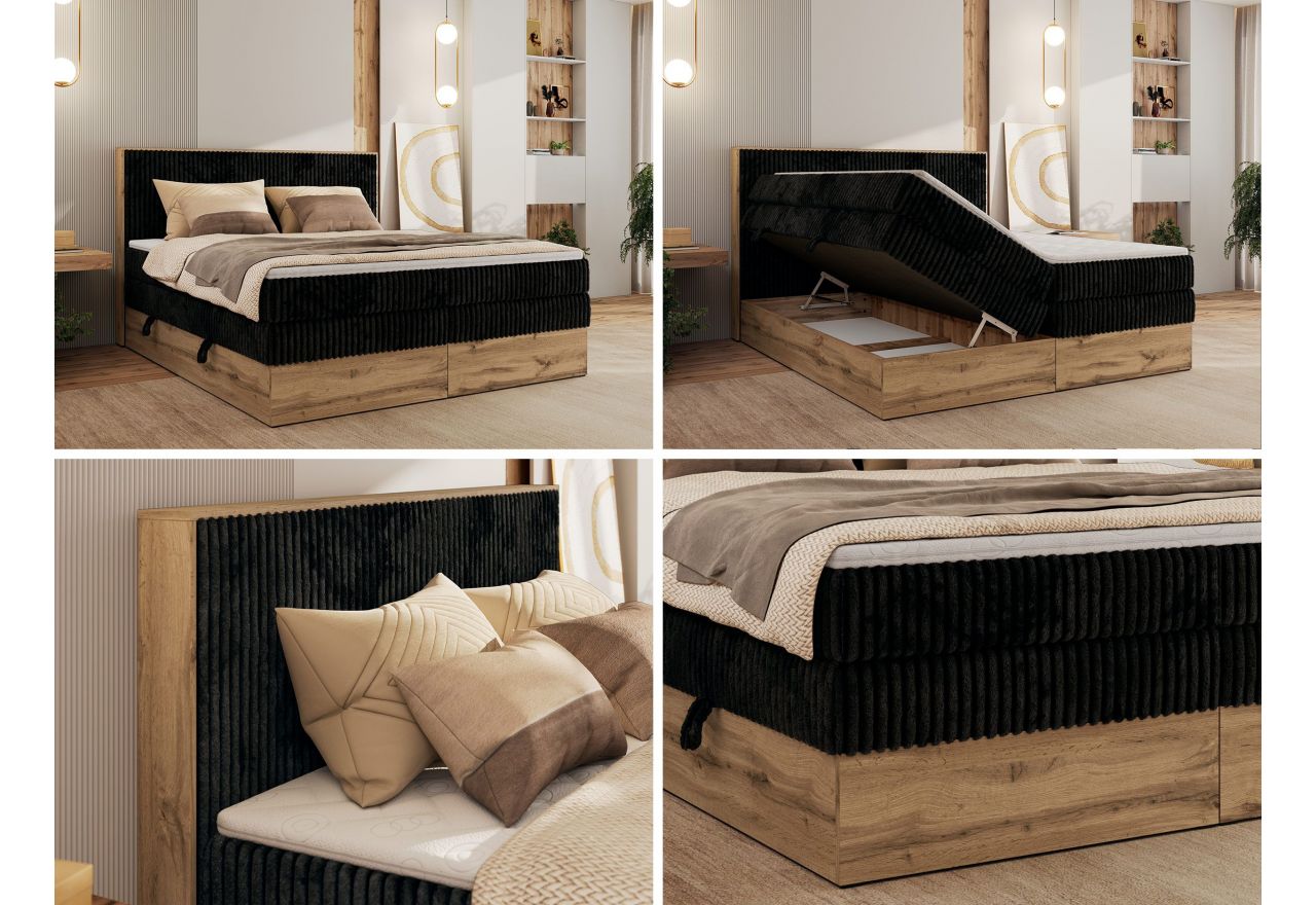 Łóżko kontynentalne WOOD CLASSIC KING 140x200 - H4 - czarny, sztruks