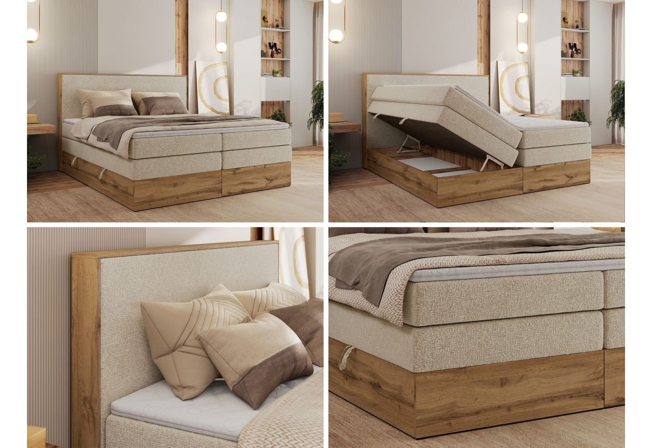 Łóżko kontynentalne WOOD CLASSIC KING 160x200 - H3 - kremowy, struktura
