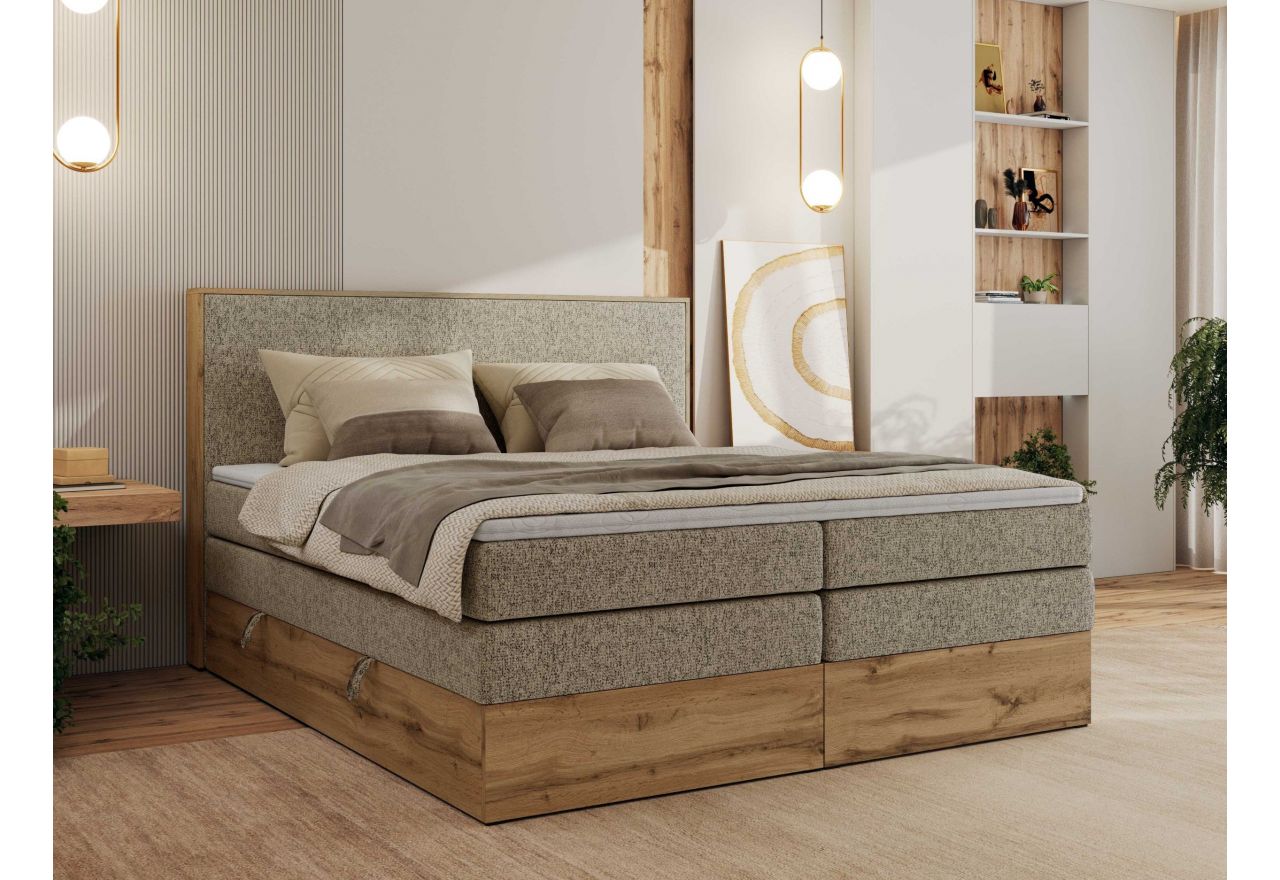 Łóżko kontynentalne WOOD CLASSIC KING 200x200 - H3 - ciemnobeżowy, struktura