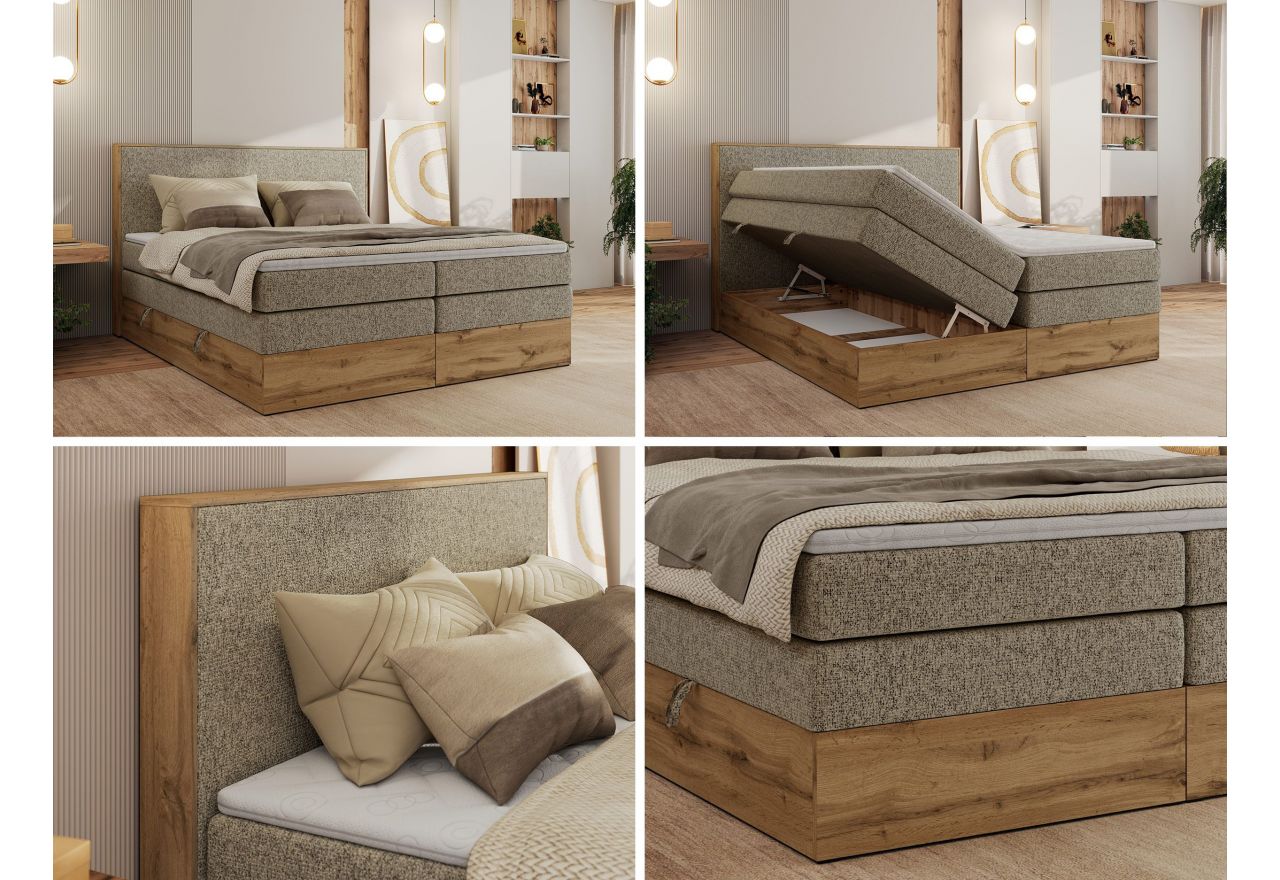 Łóżko kontynentalne WOOD CLASSIC KING 200x200 - H4 - ciemnobeżowy, struktura