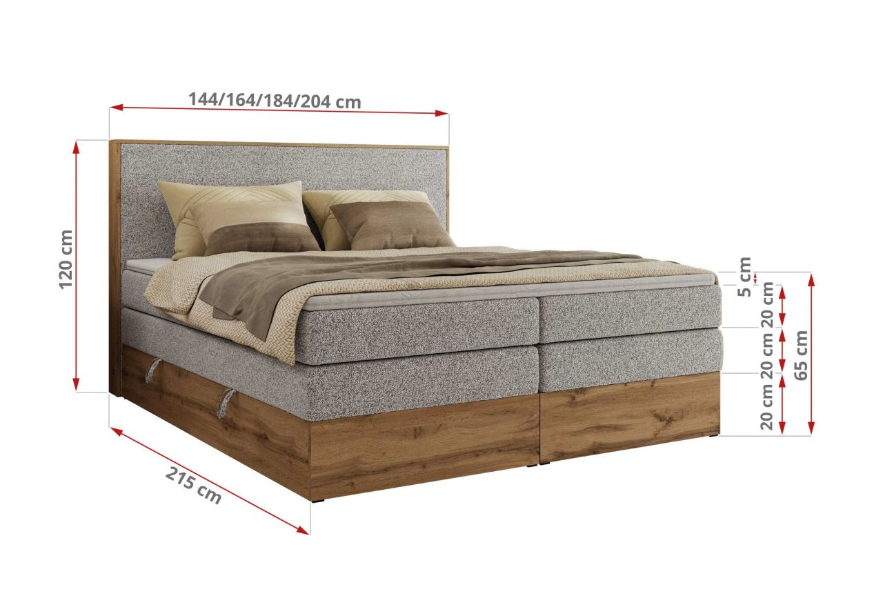 Łóżko kontynentalne WOOD CLASSIC KING 180x200 - H3 - jasnoszary, struktura