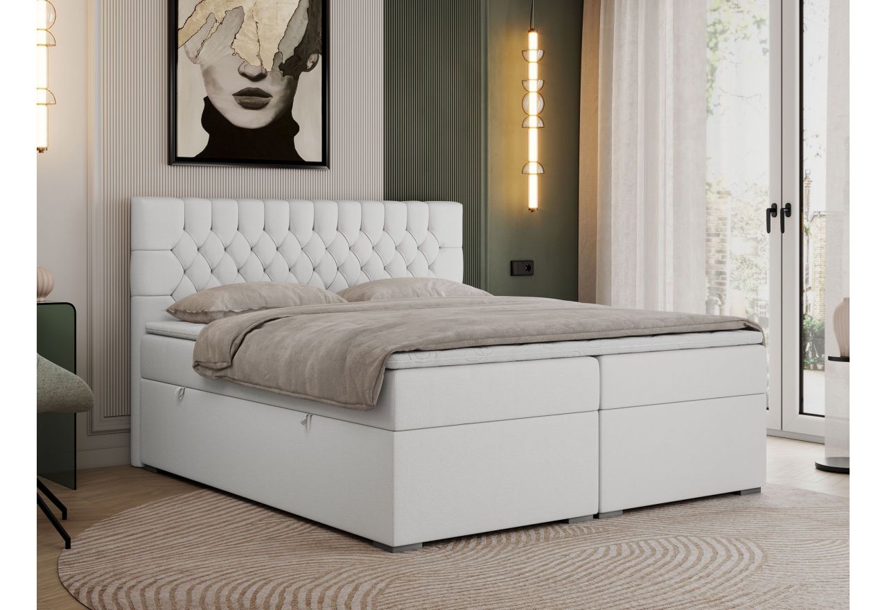 Łóżko kontynentalne PERA 200x200 - Soft 17 - biała ekoskóra - OUTLETU