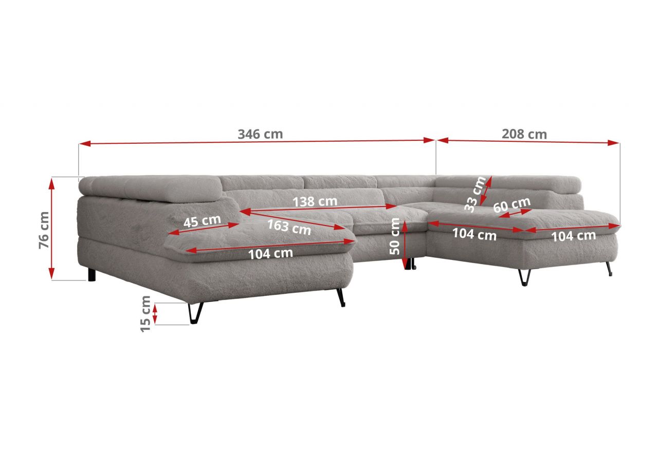Narożnik PETER U - uniwersalny - jasnoszary, plusz