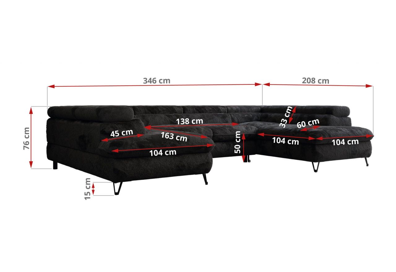 Narożnik PETER U - uniwersalny - czarny, plusz