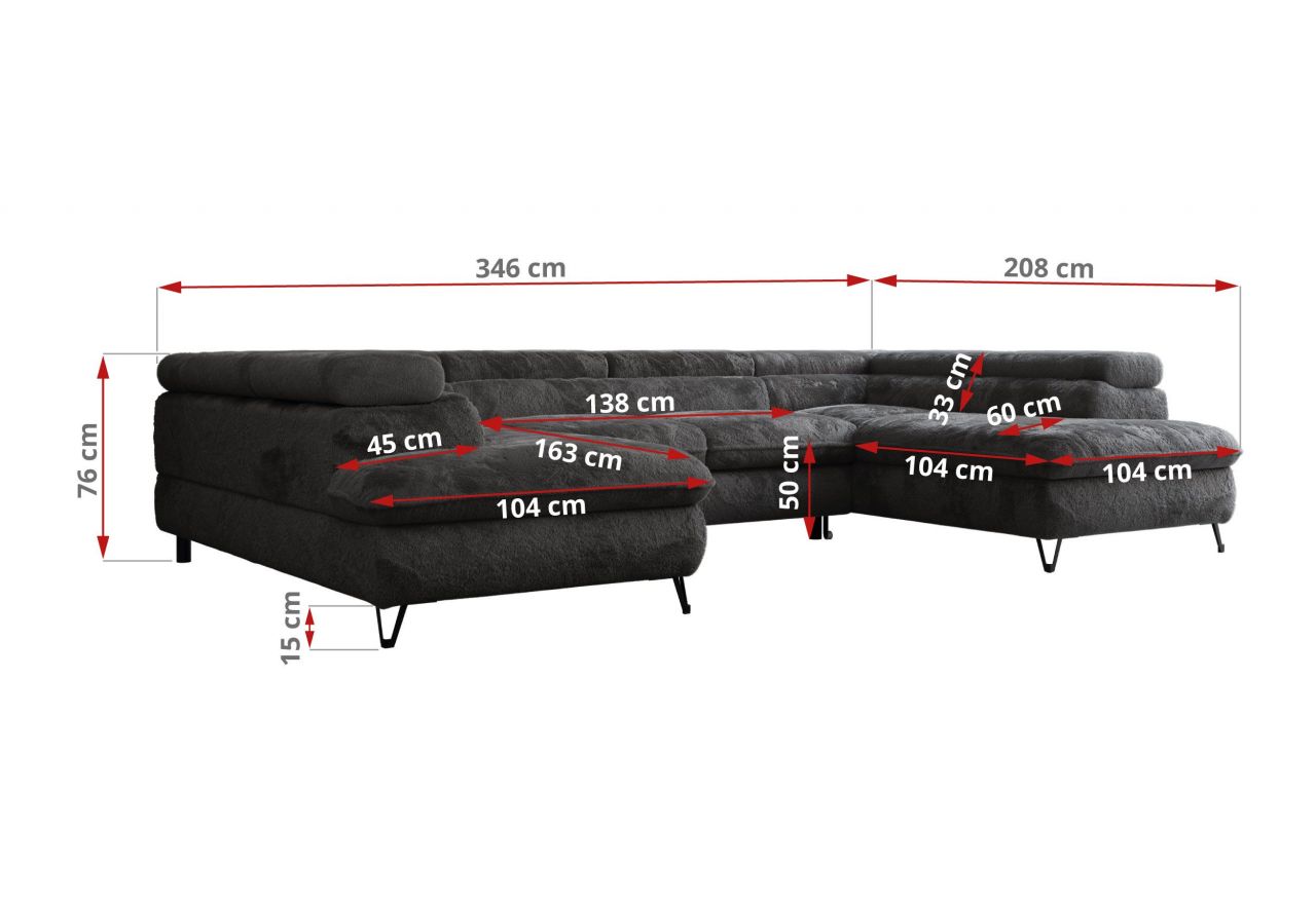 Narożnik - PEDRO U - uniwersalny - ciemnoszary, plusz