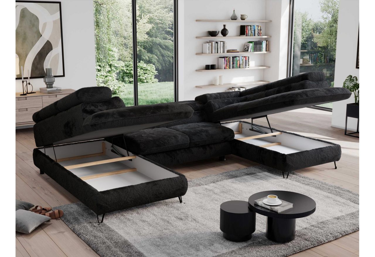 Narożnik - PEDRO U - uniwersalny - czarny, plusz