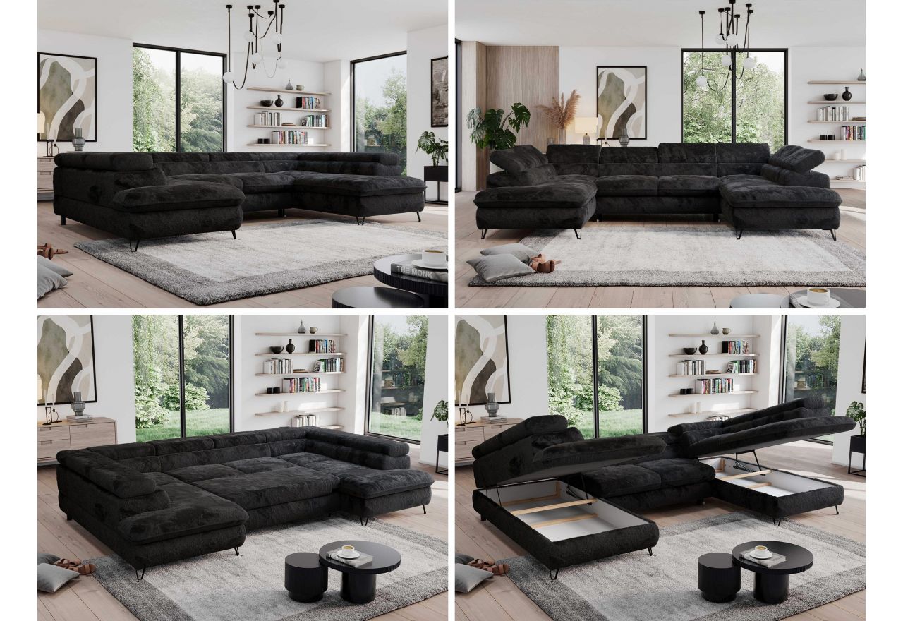 Narożnik - PEDRO U - uniwersalny - czarny, plusz