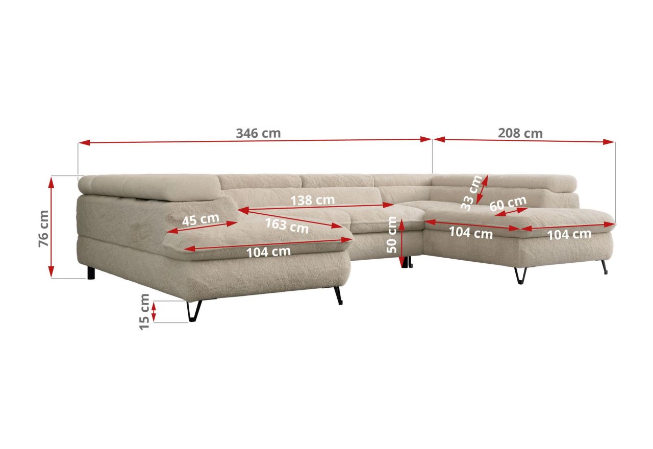 Narożnik - PEDRO U - uniwersalny - kremowy, plusz