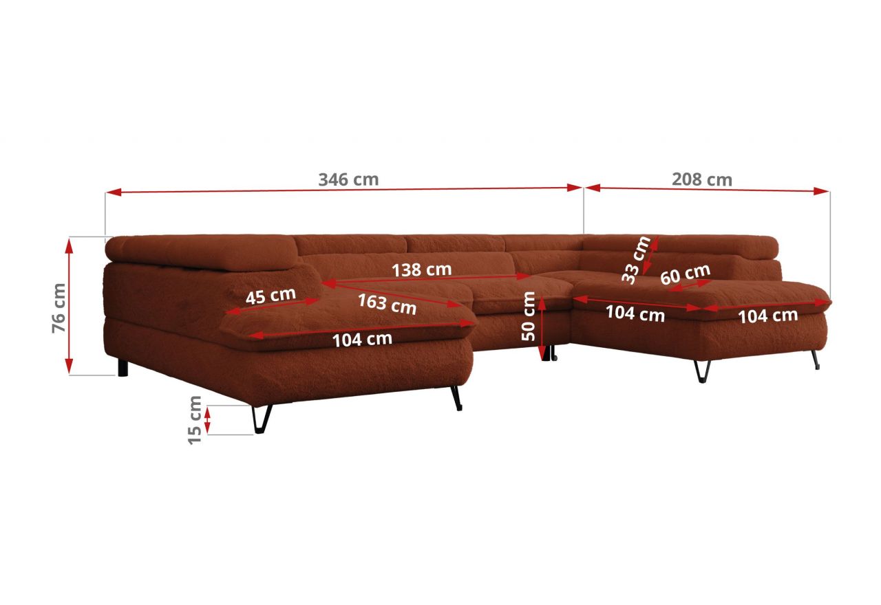 Narożnik - PEDRO U - uniwersalny - pomarańczowy, plusz