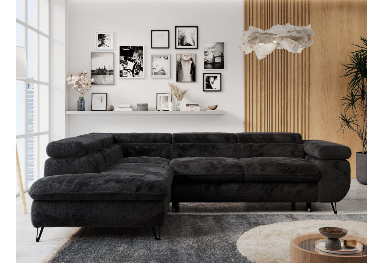 Narożnik - PETER L - strona lewa - czarny, plusz