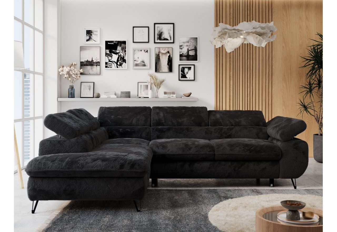 Narożnik - PETER L - strona lewa - czarny, plusz