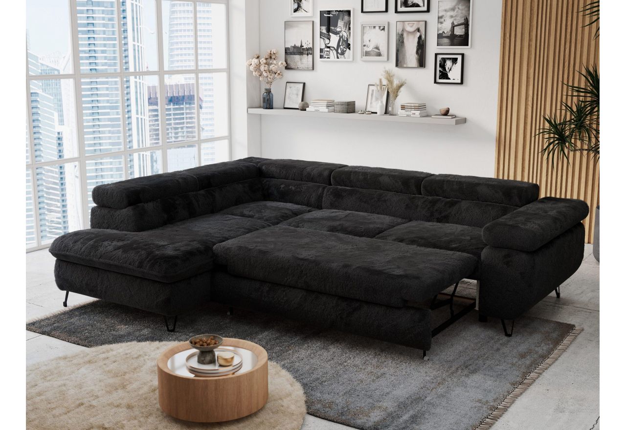 Narożnik - PETER L - strona lewa - czarny, plusz