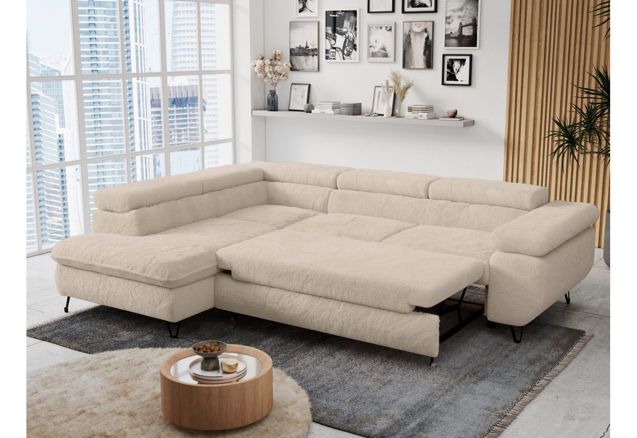 Narożnik - PETER L - strona lewa - kremowy, plusz