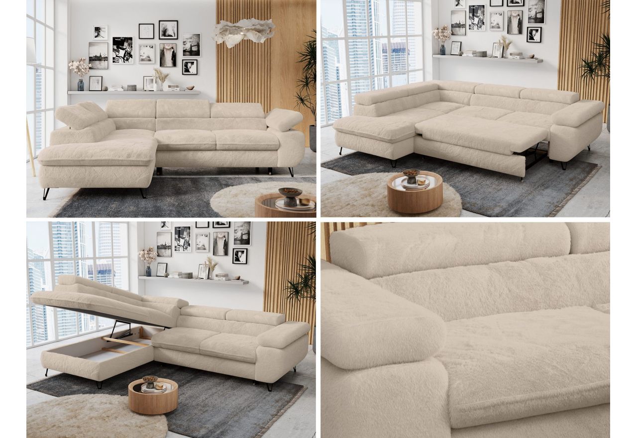 Narożnik - PETER L - strona lewa - kremowy, plusz