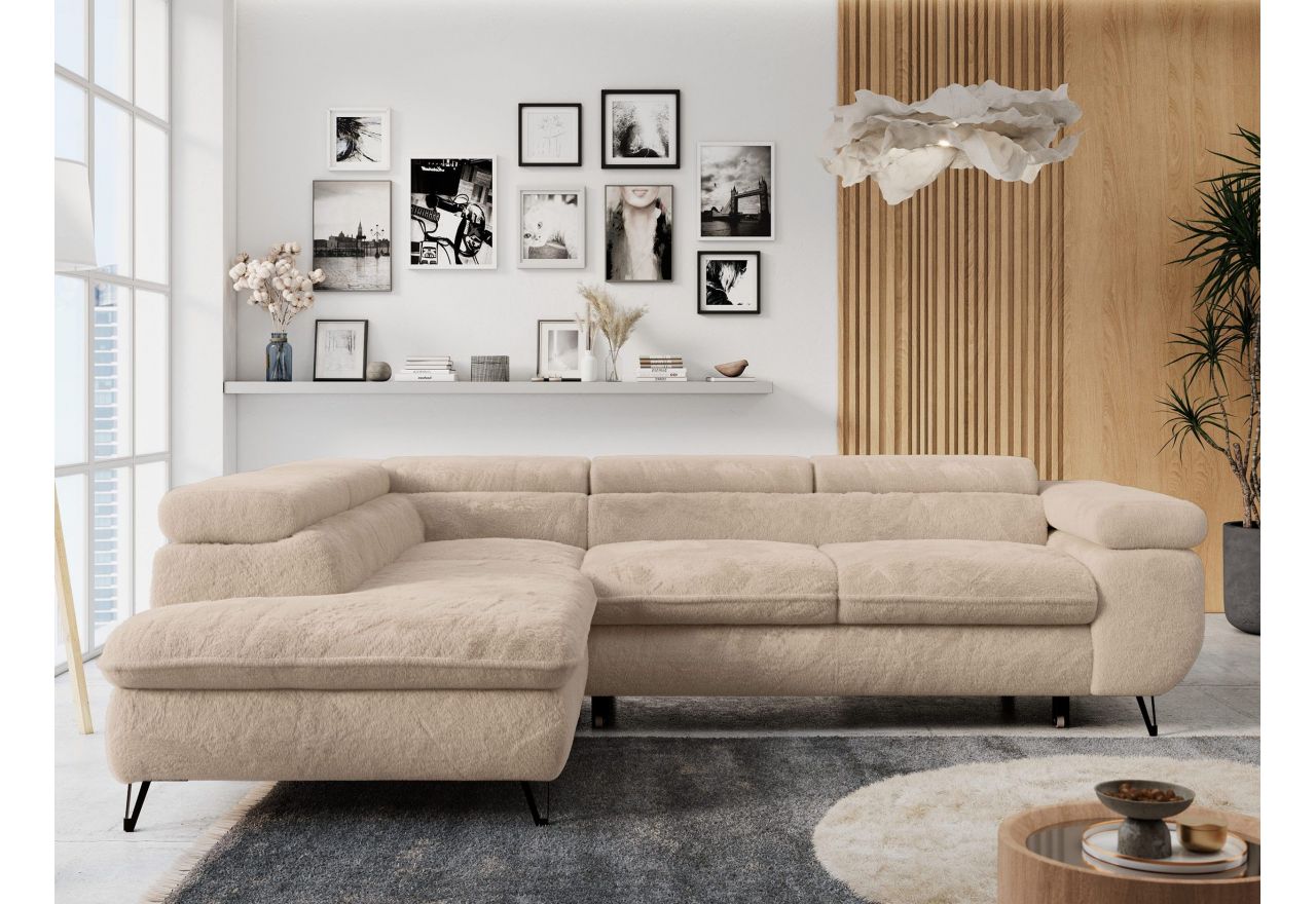 Narożnik - PETER L - strona lewa - beżowy, plusz