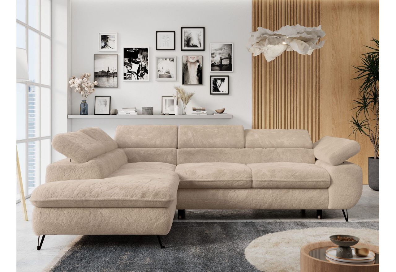 Narożnik - PETER L - strona lewa - beżowy, plusz