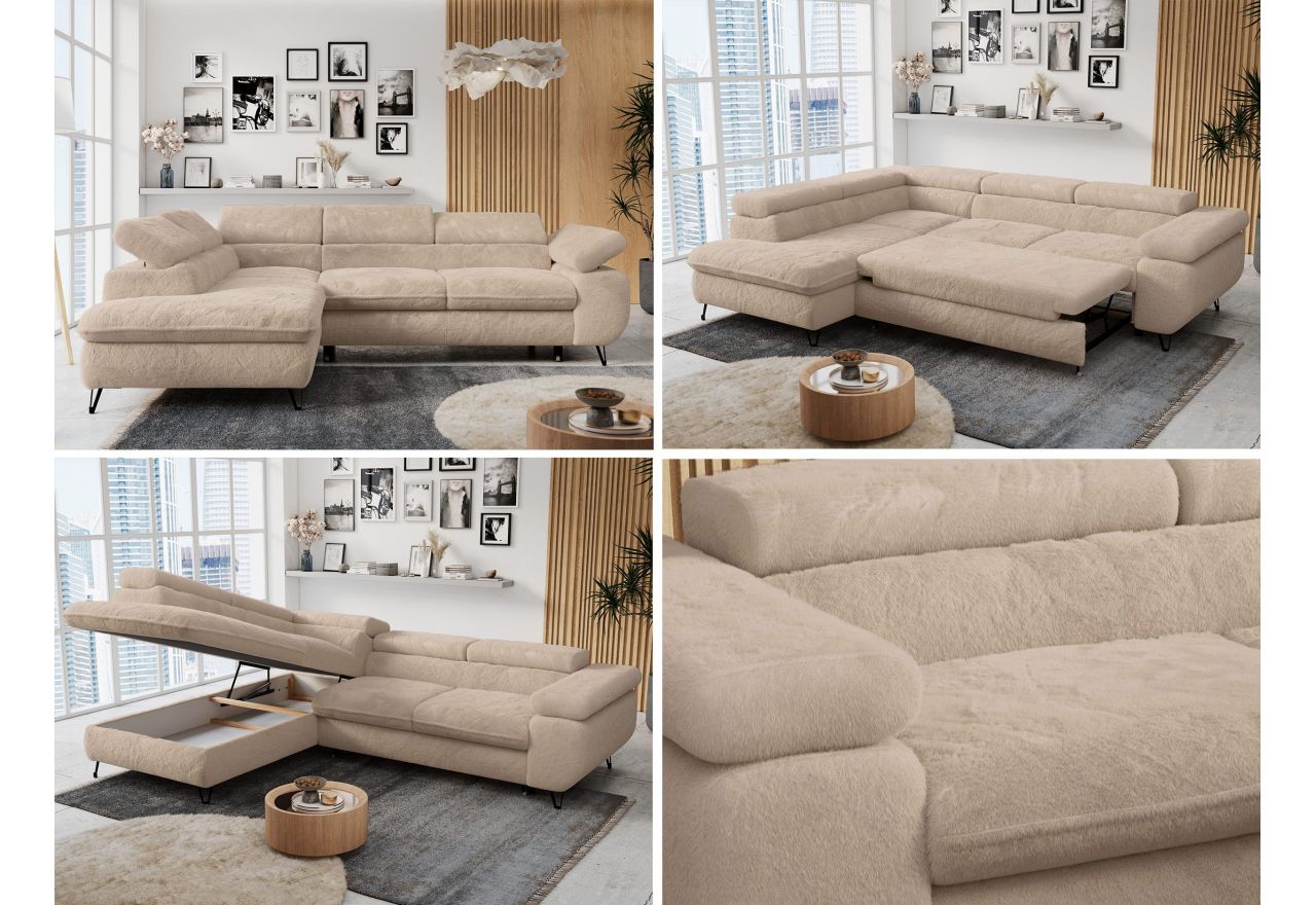 Narożnik - PETER L - strona lewa - beżowy, plusz