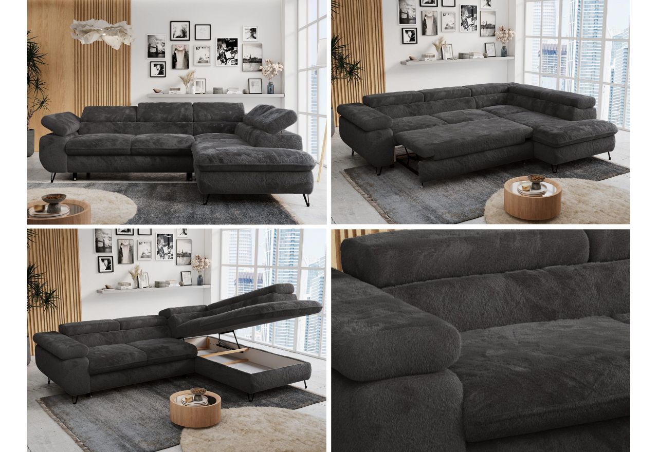 Narożnik - PETER L - strona prawa - ciemnoszary, plusz