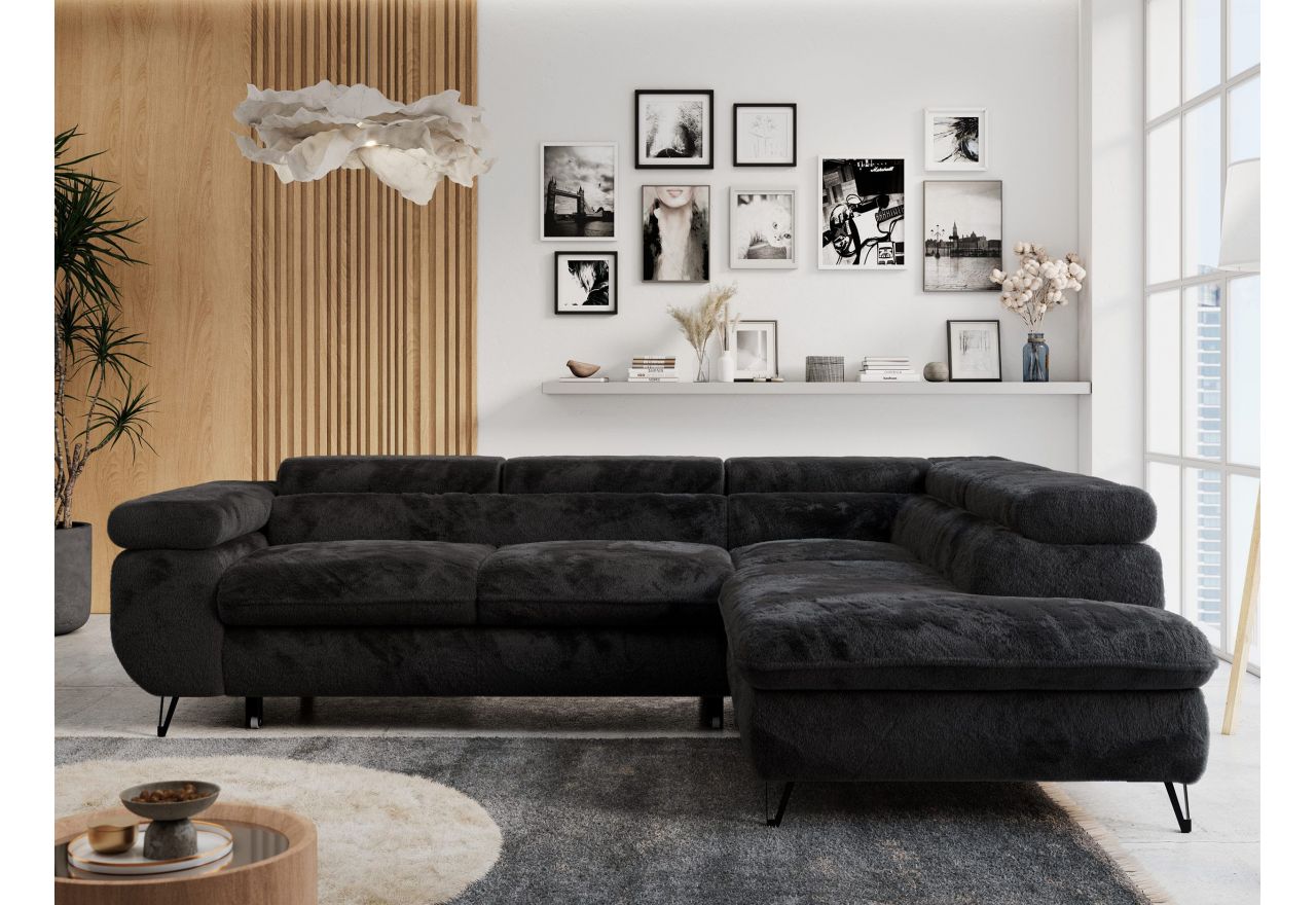 Narożnik - PETER L - strona prawa - czarny, plusz