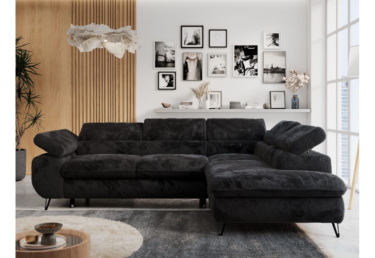 Narożnik - PETER L - strona prawa - czarny, plusz