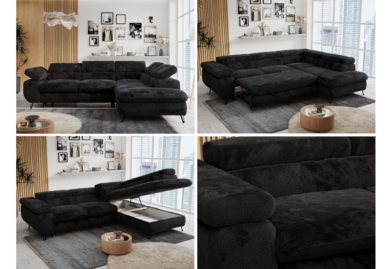 Narożnik - PETER L - strona prawa - czarny, plusz