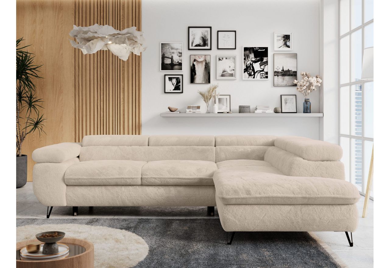 Narożnik - PETER L - strona prawa - kremowy, plusz