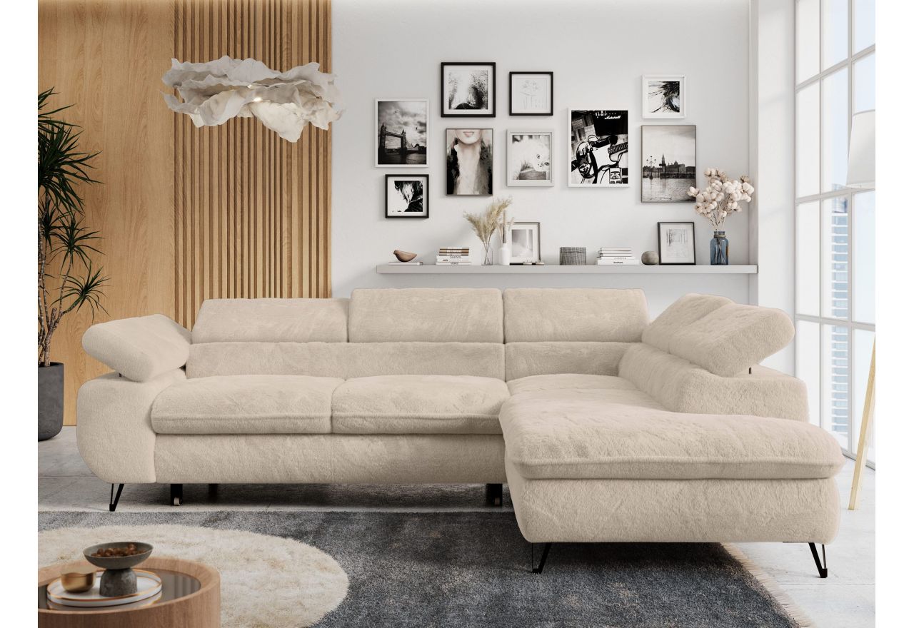 Narożnik - PETER L - strona prawa - kremowy, plusz