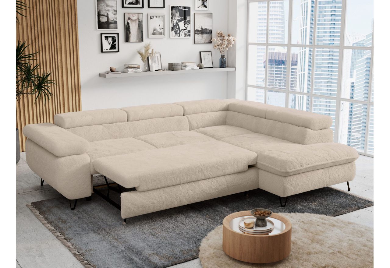 Narożnik - PETER L - strona prawa - kremowy, plusz