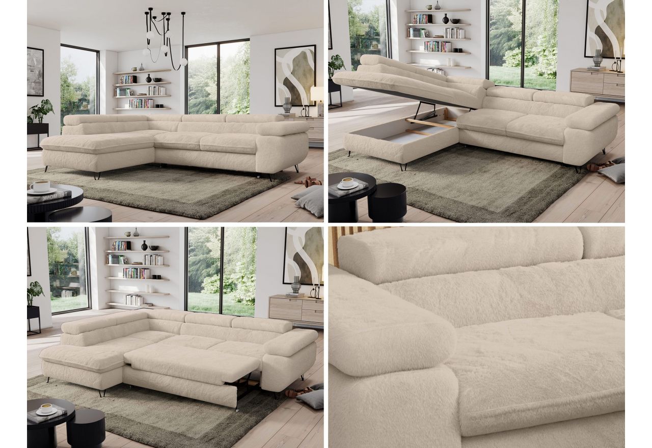 Narożnik - PEDRO L - strona lewa - kremowy, plusz