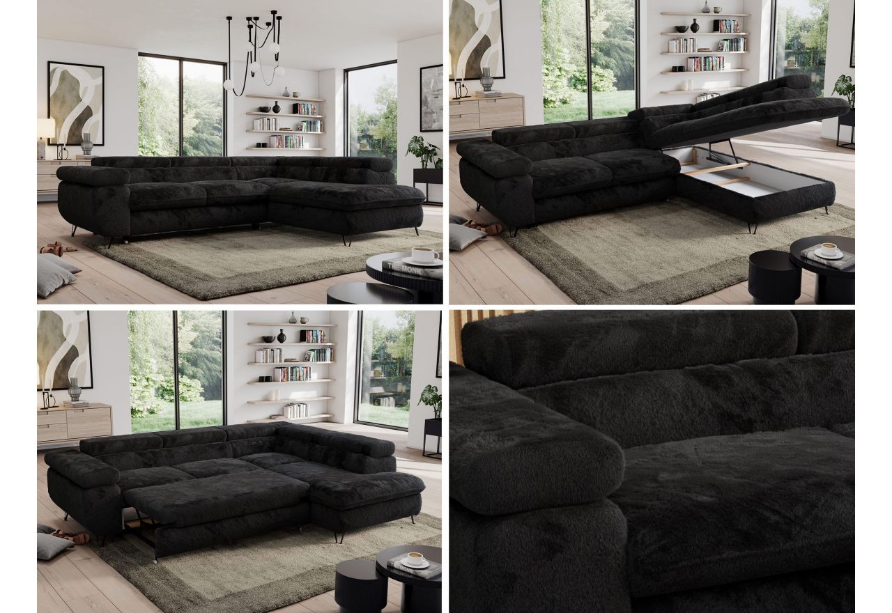 Narożnik - PEDRO L - strona prawa - czarny, plusz