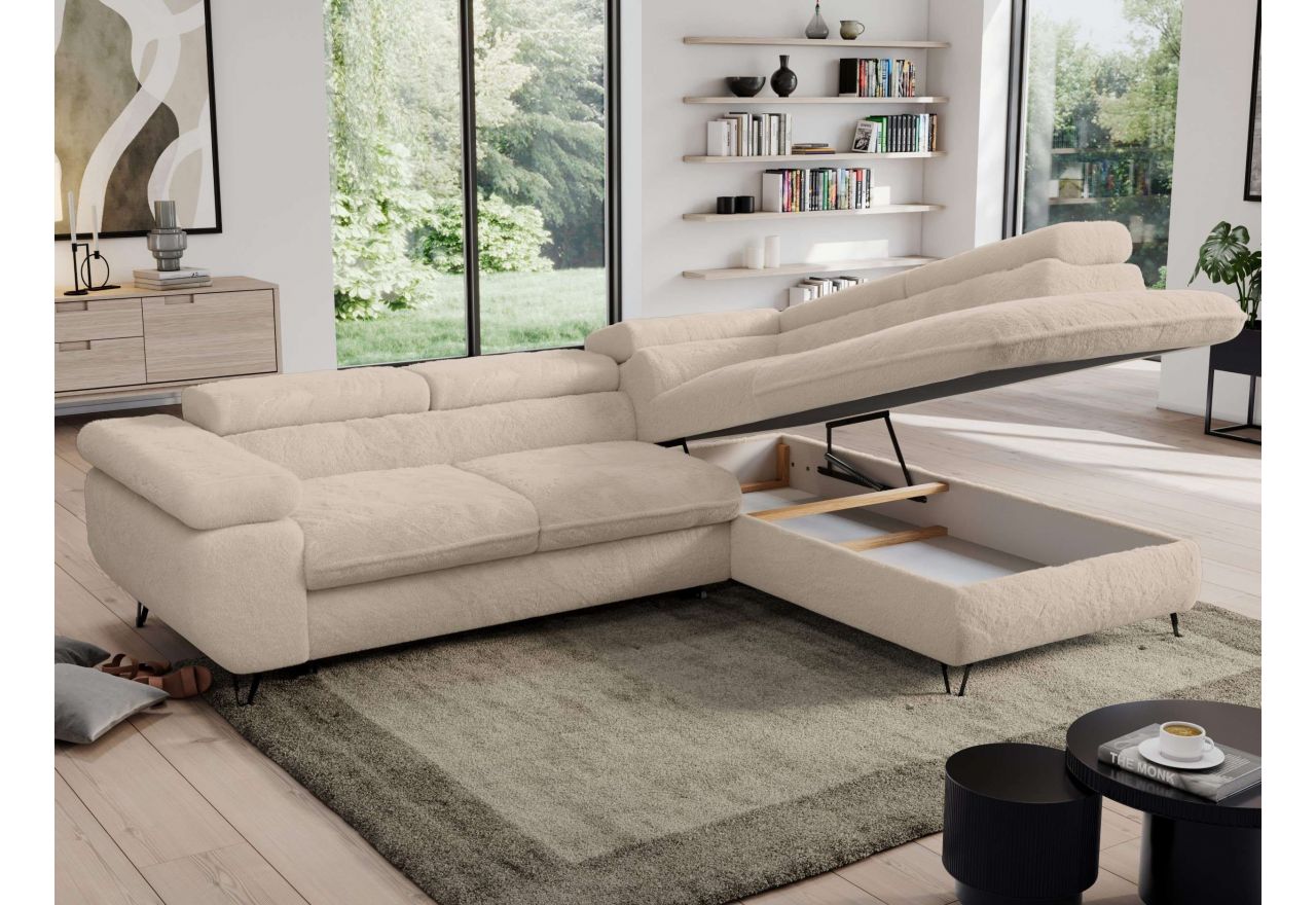 Narożnik - PEDRO L - strona prawa - kremowy, plusz