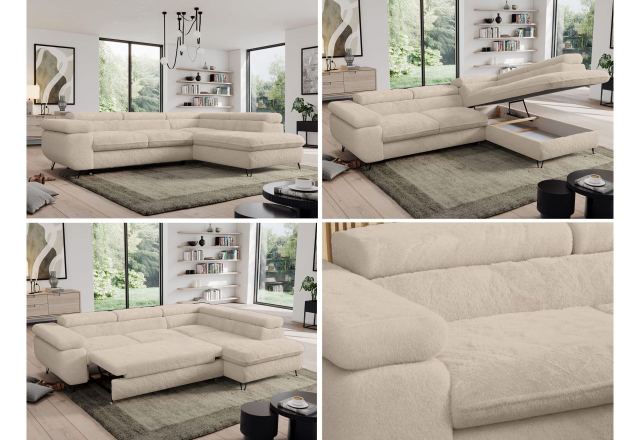 Narożnik - PEDRO L - strona prawa - kremowy, plusz