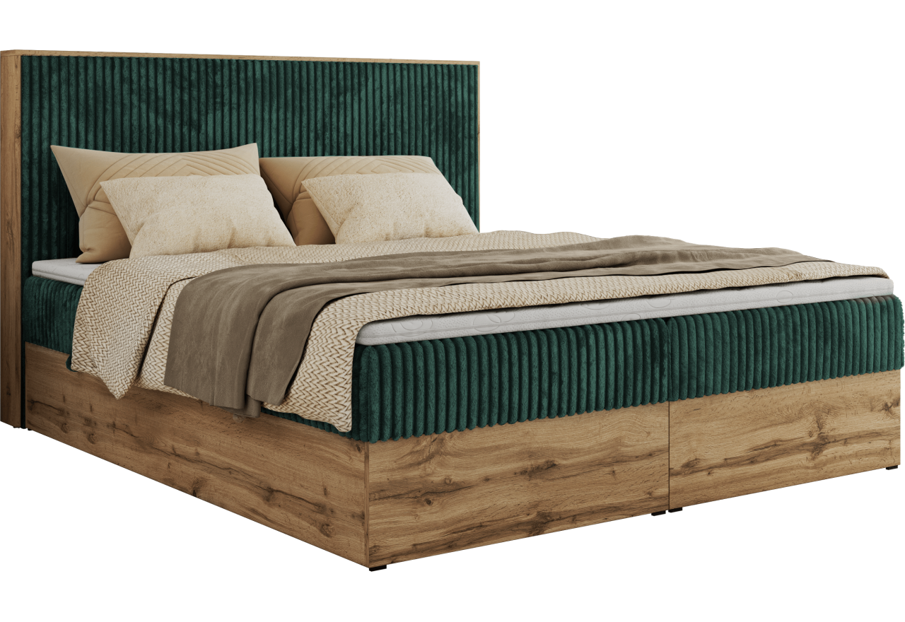Łóżko kontynentalne WOOD CLASSIC 140x200 - H3 - ciemnozielony, sztruks