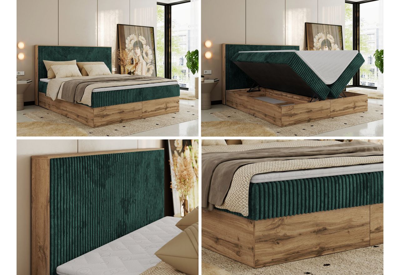 Łóżko kontynentalne WOOD CLASSIC 180x200 - H3 - ciemnozielony, sztruks