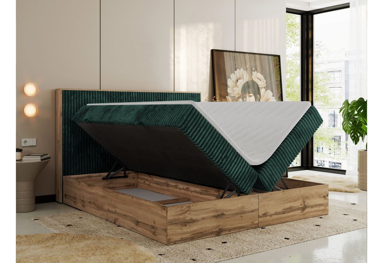 Łóżko kontynentalne WOOD CLASSIC 140x200 - H4 - ciemnozielony, sztruks
