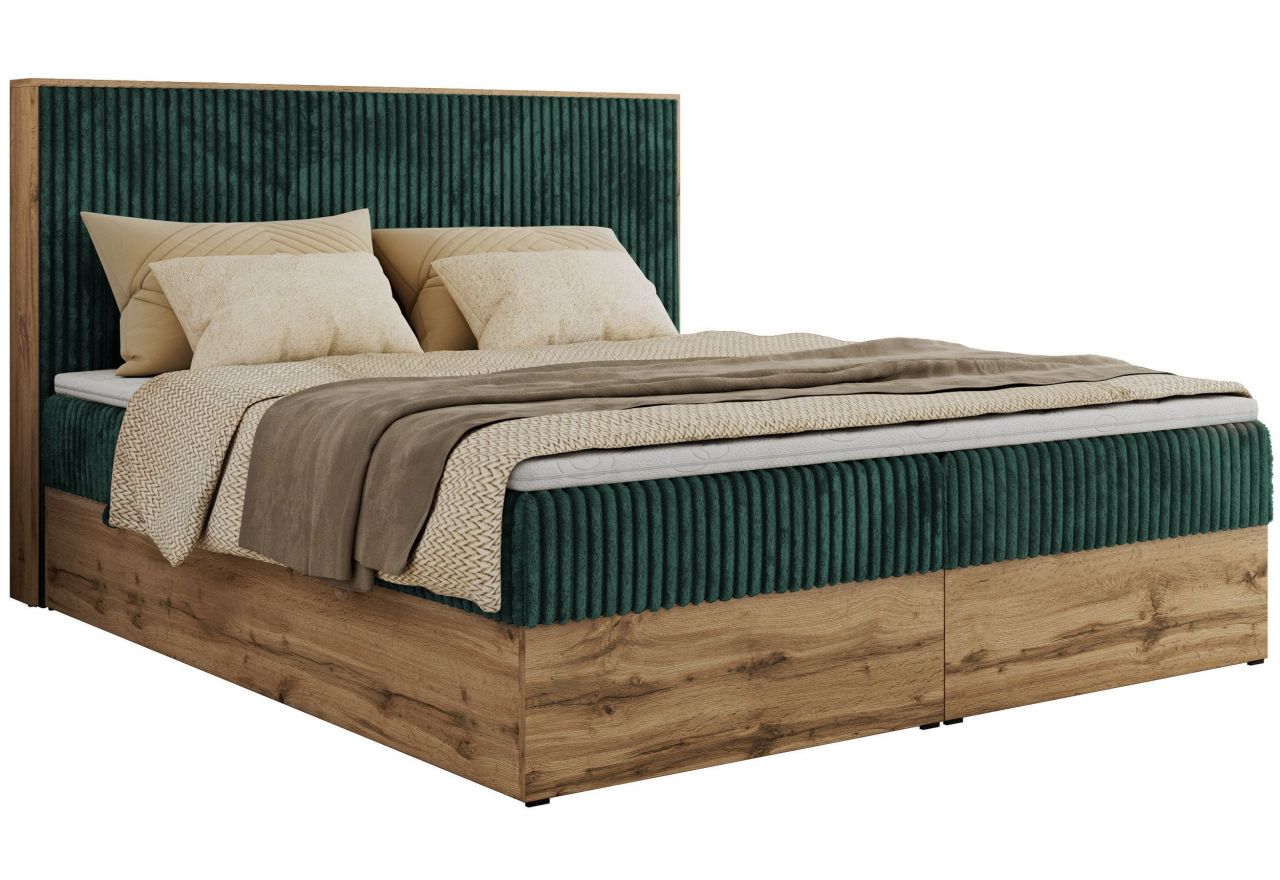 Łóżko kontynentalne WOOD CLASSIC 160x200 - H4 - ciemnozielony, sztruks