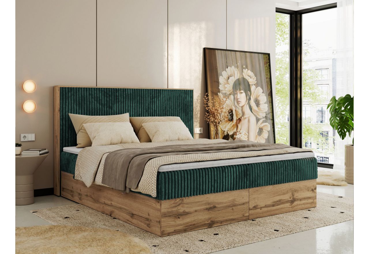 Łóżko kontynentalne WOOD CLASSIC 200x200 - H4 - ciemnozielony, sztruks