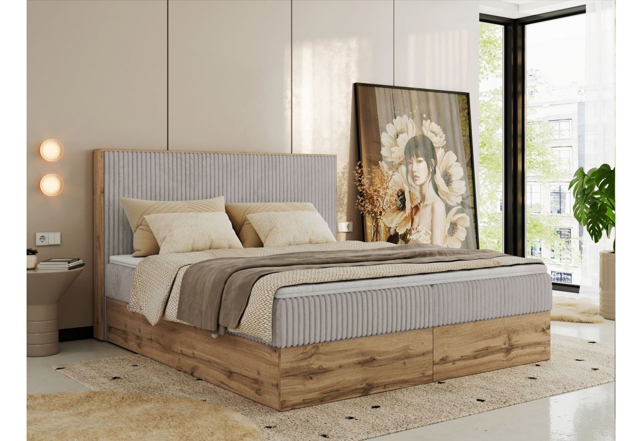Łóżko kontynentalne WOOD CLASSIC 200x200 - H4 - jasnoszary, sztruks
