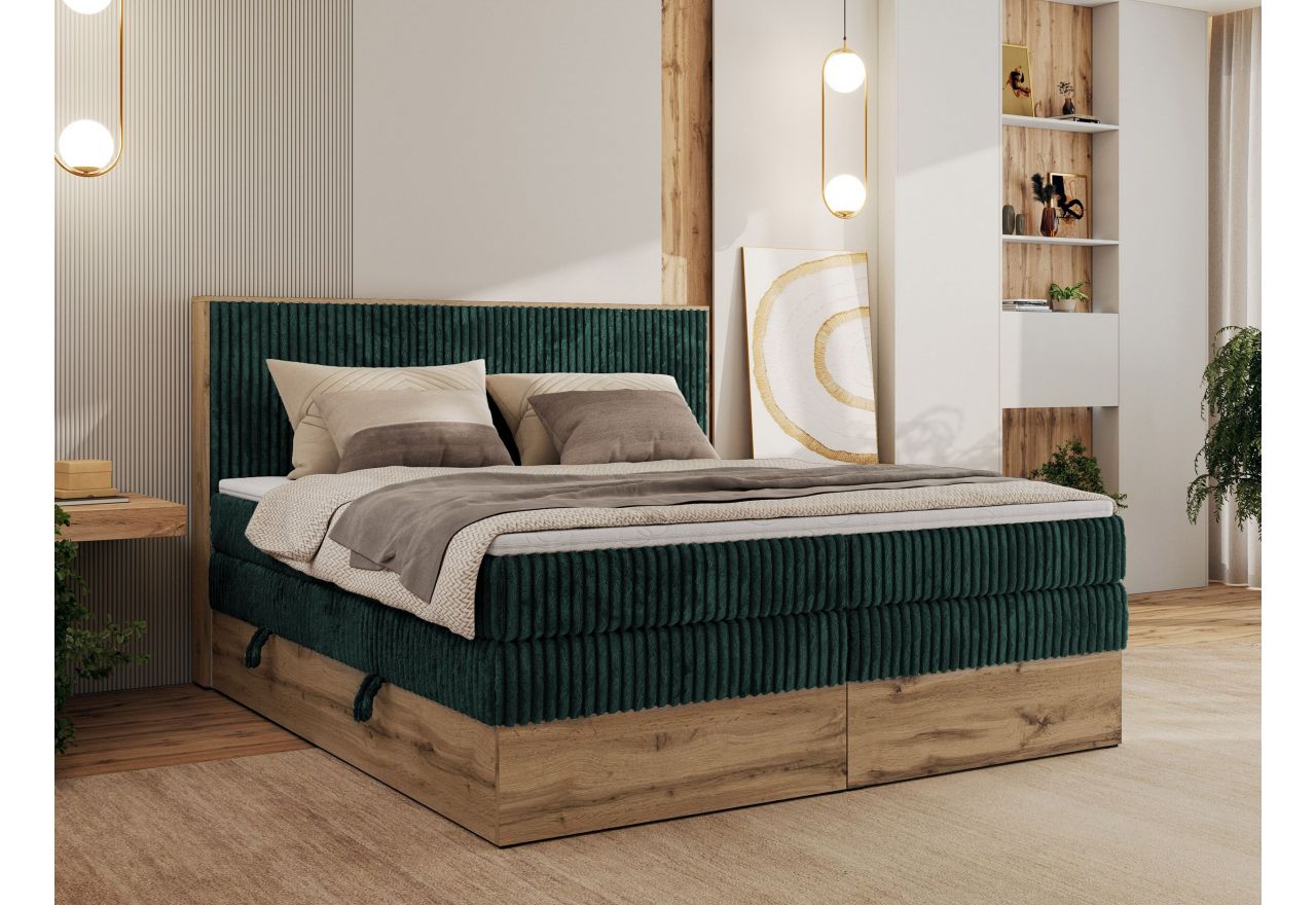 Łóżko kontynentalne WOOD CLASSIC KING 140x200 - H3 - ciemnozielony, sztruks