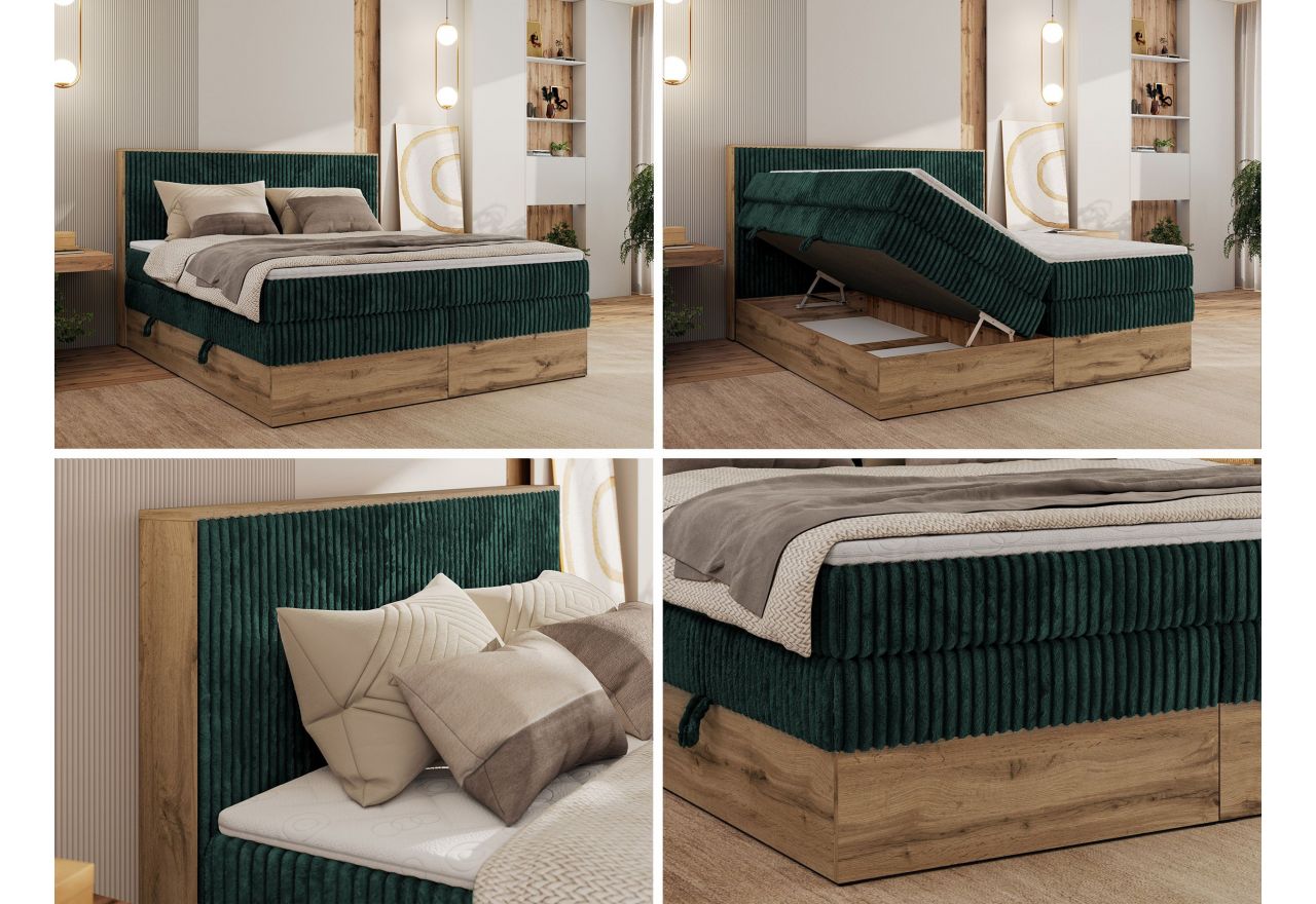 Łóżko kontynentalne WOOD CLASSIC KING 140x200 - H3 - ciemnozielony, sztruks