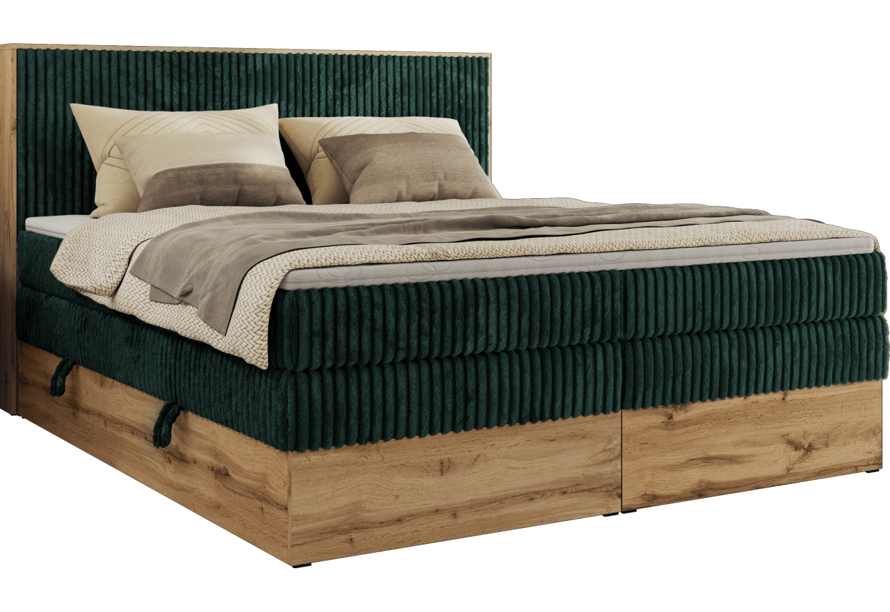 Łóżko kontynentalne WOOD CLASSIC KING 160x200 - H4 - ciemnozielony, sztruks