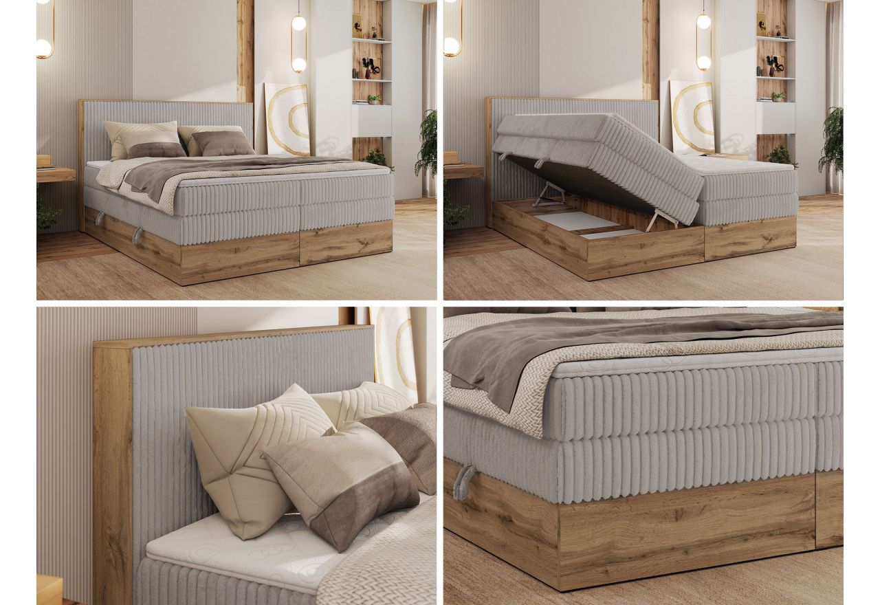 Łóżko kontynentalne WOOD CLASSIC KING 160x200 - H4 - jasnoszary, sztruks