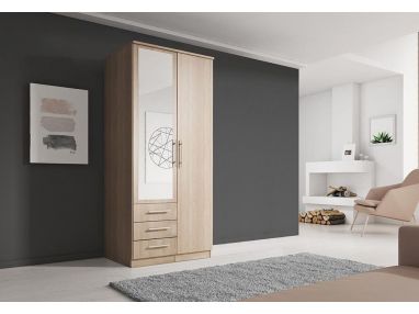 Szafa dwudrzwiowa 100 cm z lustrem na froncie i szufladami do sypialni i przedpokoju - SZATLE Dąb sonoma