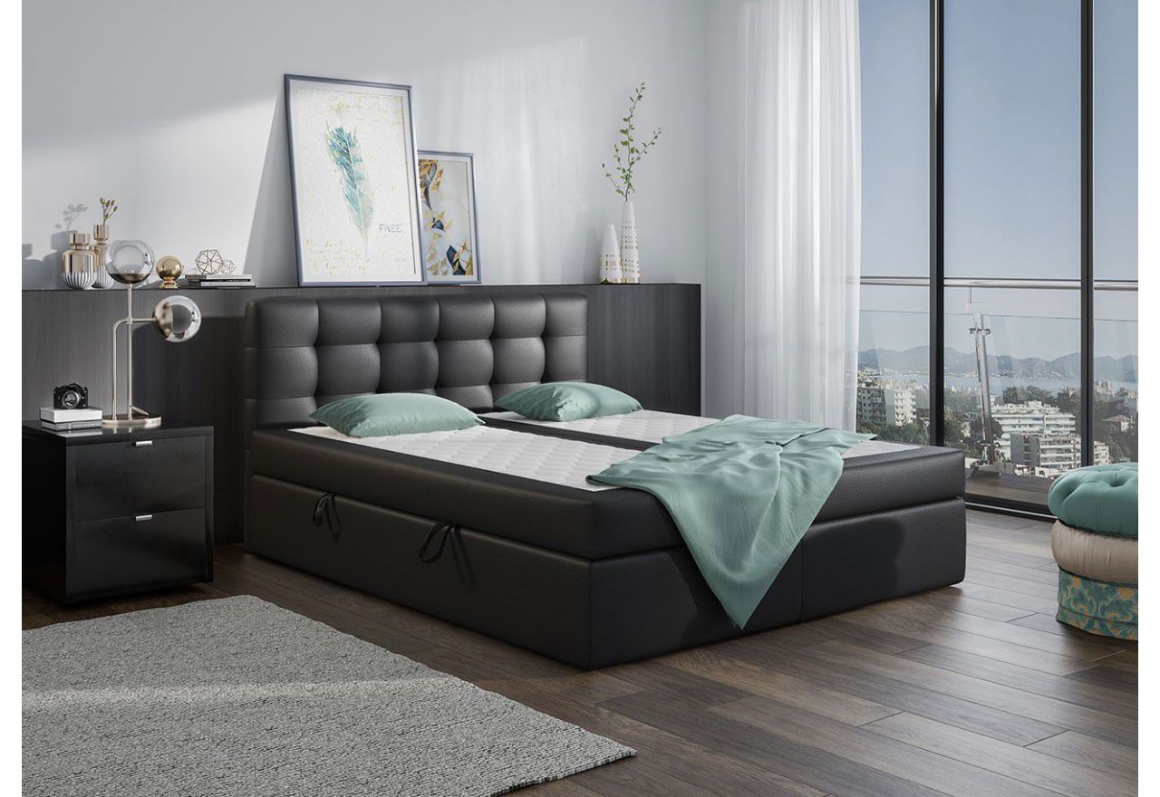 Czarne łóżko kontynentalne z eko skóry i z dwoma pojemnikami - CENTO 160x200