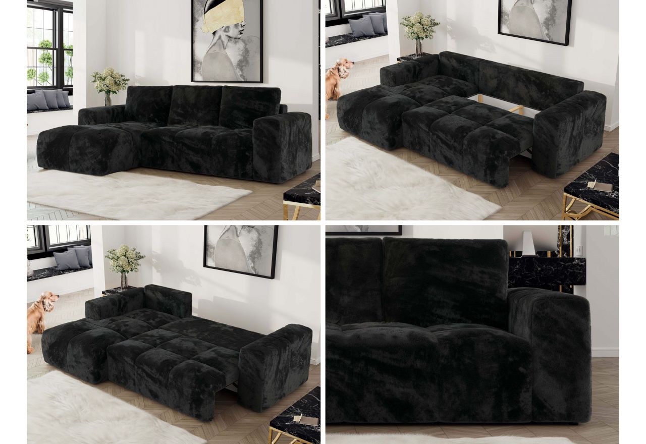 Narożnik MONIVA L - strona lewa - czarny, plusz