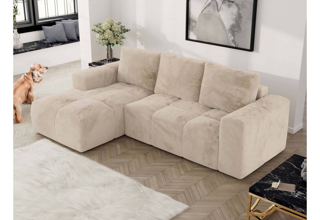 Narożnik MONIVA L - strona lewa - kremowy, plusz