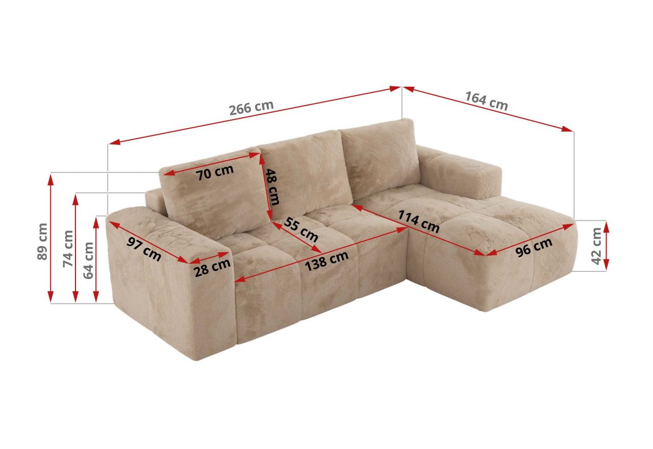 Narożnik MONIVA L - strona lewa - beżowy, plusz